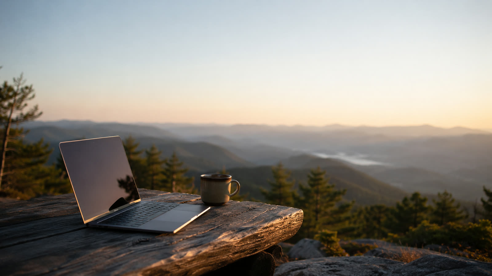 A laptop and coffee on a wood table at a mountain overlook at dawn, a vast misty valley beyond.